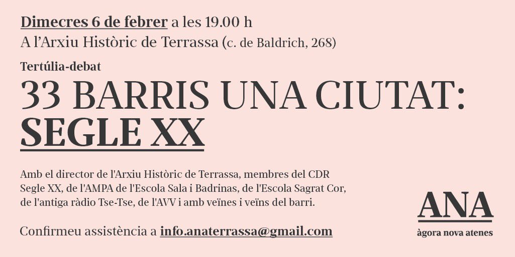 anadeterrassa's tweet photo. 📢 AVUI, nova trobada del cicle: 33 barris una ciutat. 

🗓️ Dimecres 6 de febrer, 
💬 parlem del Segle XX
📍a l'Arxiu Històric de #Terrassa! 

Amb membres del @cdr_segle_xx, l'@ArxiudeTerrassa, el @BarriSegleXX, l'@AmpaSB, entre d'altres. No hi pots faltar! 😉 

#barrisANA https://t.co/zGB3UZhveV