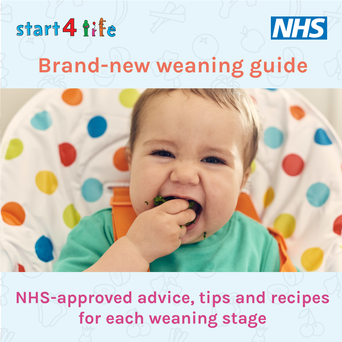 UKHSA's tweet photo. Lots of parents wonder when and how to start weaning - with so much conflicting advice available it can be confusing. Get NHS-approved advice and tips from Start4Life: https://t.co/iO07qEBnVO @NHS_Parents https://t.co/gOLreYmcoX