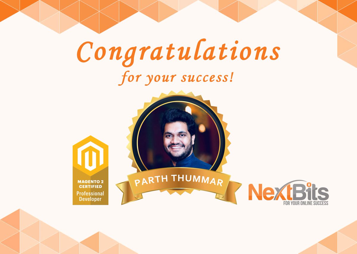 NextBitsGroup's tweet photo. Heartfelt wishes to @parththummar91 for becoming Magento2 certified professional developer. You’ve won over our expectations &amp; we’re proud of your achievement. #Magento #Certification #M2CPD #Magento2CertifiedProfessionalDeveloper #MagentoExperts @MagentoU @Magento @NextBitsGroup https://t.co/AshVhm2qR0