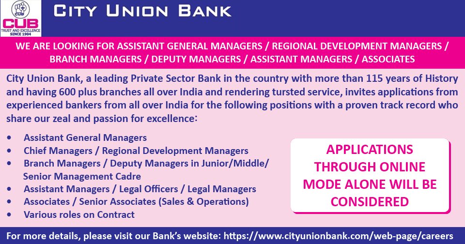 City Union Bank on Twitter "City Union Bank invites applications from