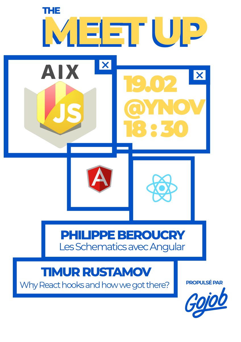 GojobT's tweet image. On organise le prochain meetup #aixjs le 19/02 sur Aix à @YnovAix ! Venez parler d&apos;#Angular et #React avec nous ! Inscription ici bit.ly/meetup_AixJS