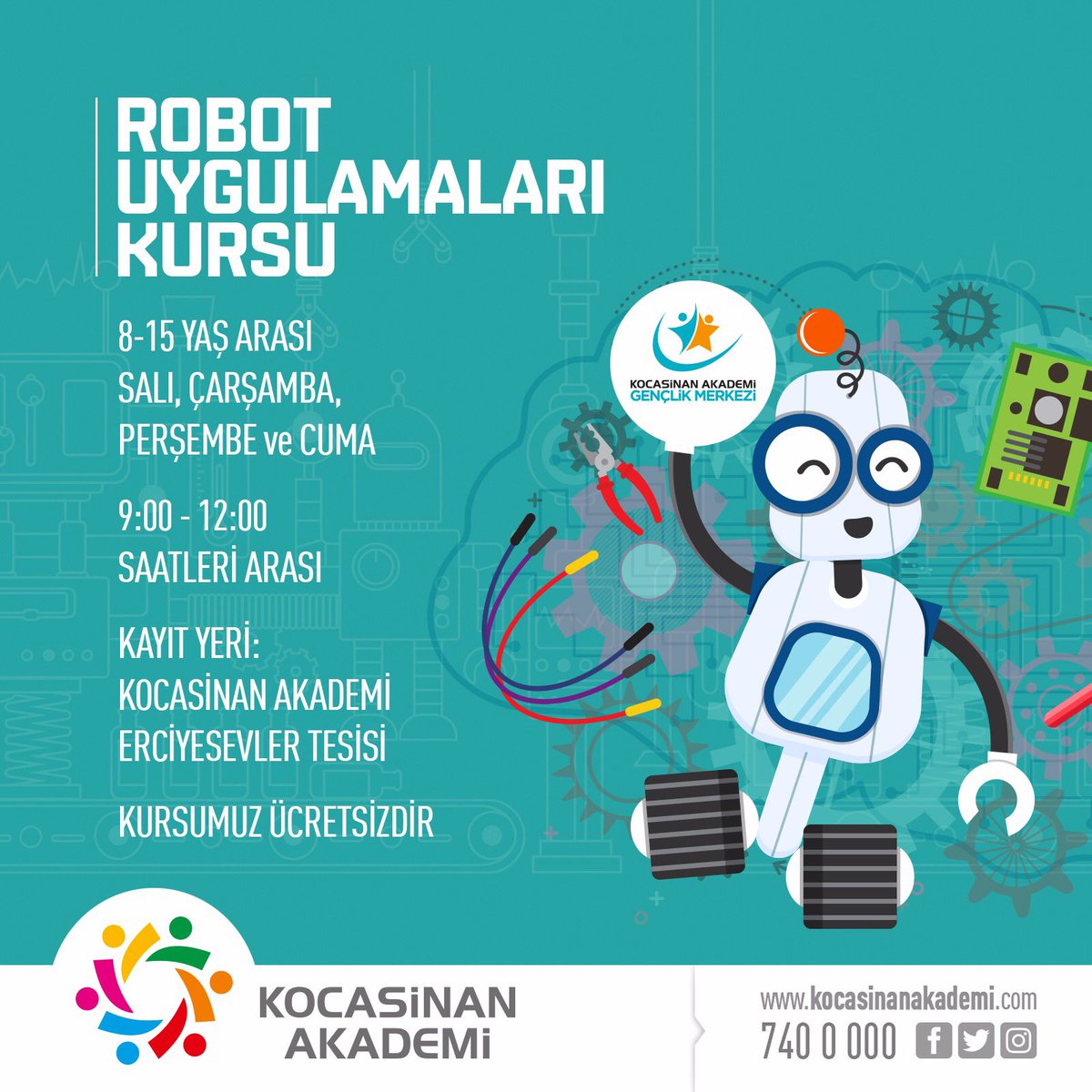 Kocasinan Akademi (@kocasinanakadem) on Twitter photo Yeni dönem yazılım,robotik,kodlama kurs kayıtlarımız başladı ✔️
8-15 yaş aralığı için Salı,Çarşamba,Perşembe ve Cuma günleri saat 9-12 arasında Erciyesevler Akademi tesisinde olup tamamen ücretsizdir. Bekliyoruz 🤖
<a href="/ahmetclkbyrkdr/">Ahmet ÇOLAKBAYRAKDAR</a> <a href="/KocasinanBld/">Kocasinan Belediyesi</a> Yeni dönem yazılım,robotik,kodlama kurs kayıtlarımız başladı ✔️
8-15 yaş aralığı için Salı,Çarşamba,Perşembe ve Cuma günleri saat 9-12 arasında Erciyesevler Akademi tesisinde olup tamamen ücretsizdir. Bekliyoruz 🤖
<a href="/ahmetclkbyrkdr/">Ahmet ÇOLAKBAYRAKDAR</a> <a href="/KocasinanBld/">Kocasinan Belediyesi</a>