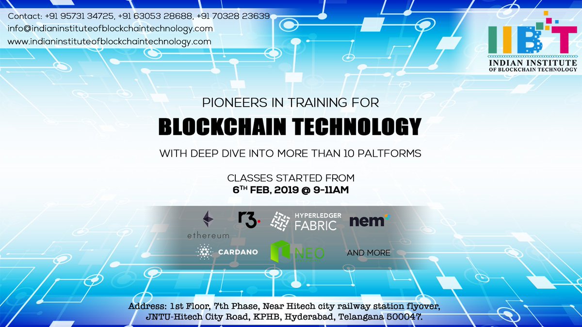 IIBTHyderabad's tweet photo. IIBT  is one of its kind in Hyderabad for Blockchain technology training. Come and jojn us for adeventourous journey into the world of Blockchain. Classes Started from 6th Feb @ 9-11AM.
Visit Our Website:  https://t.co/esV2pSdhQ7
#IIBT #Blockchaintechnology #Hyderabad #Kphb https://t.co/MExixbhBuB