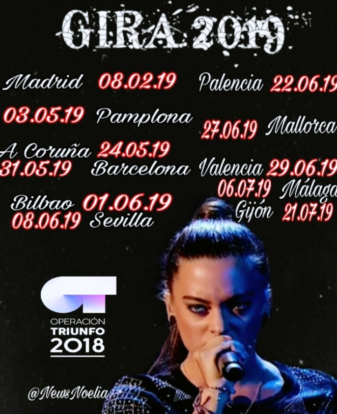 NewsNoelia's tweet photo. ¡¡Ya empieza la cuenta atrás!! Esta semana comienza la gira de @noeliaot2018 junto a sus compañeros de @OT_Oficial 💥
🔹Primera parada: MADRID.
🗓️08.02.19.
⏱️21:30 hrs.

💸Puedes comprar tus entradas para la gira en https://t.co/UL4cT8OQtt https://t.co/dxYZV1E3PO