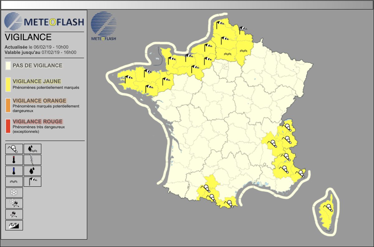 meteoflash's tweet photo. ⚠️Actualisation du Mercredi 6 Février 2019 à 10h :
22 départements en #vigilance #Jaune

12 départements pour : #Vent violent
10 départements pour : #Avalanches https://t.co/nZmyZk6wBn