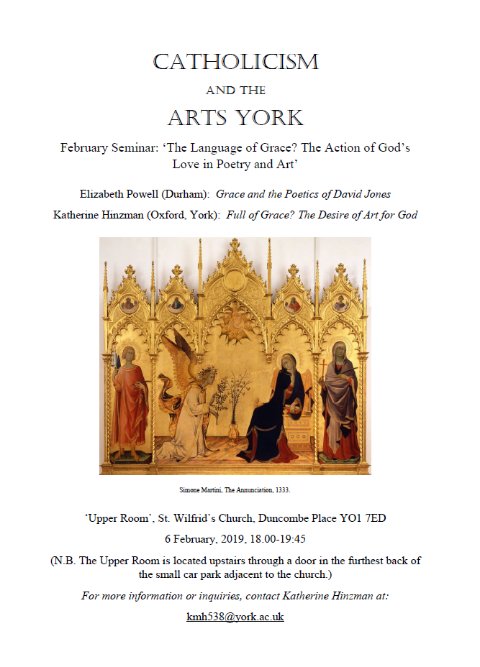 CatholicismArts's tweet photo. TONIGHT! 6pm seminar on the 'Language of Grace?' at St. Wilfirid's, York. Please do come along! @ArtHistoryYork @yorkmedieval @yorkislamicart @UniOfYork @Visual_Theology @durham_uni https://t.co/Iml6nuUcFN