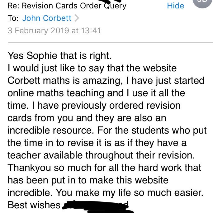 Corbettmaths's tweet photo. Looking for a way to support your students/child with their GCSE Maths revision? The Corbettmaths Revision Cards will definitely help! Here are just a few of the kind messages students and teachers have sent 😊📚✅🎉 https://t.co/RzLfFLT2Th https://t.co/RbeoC3uhIn