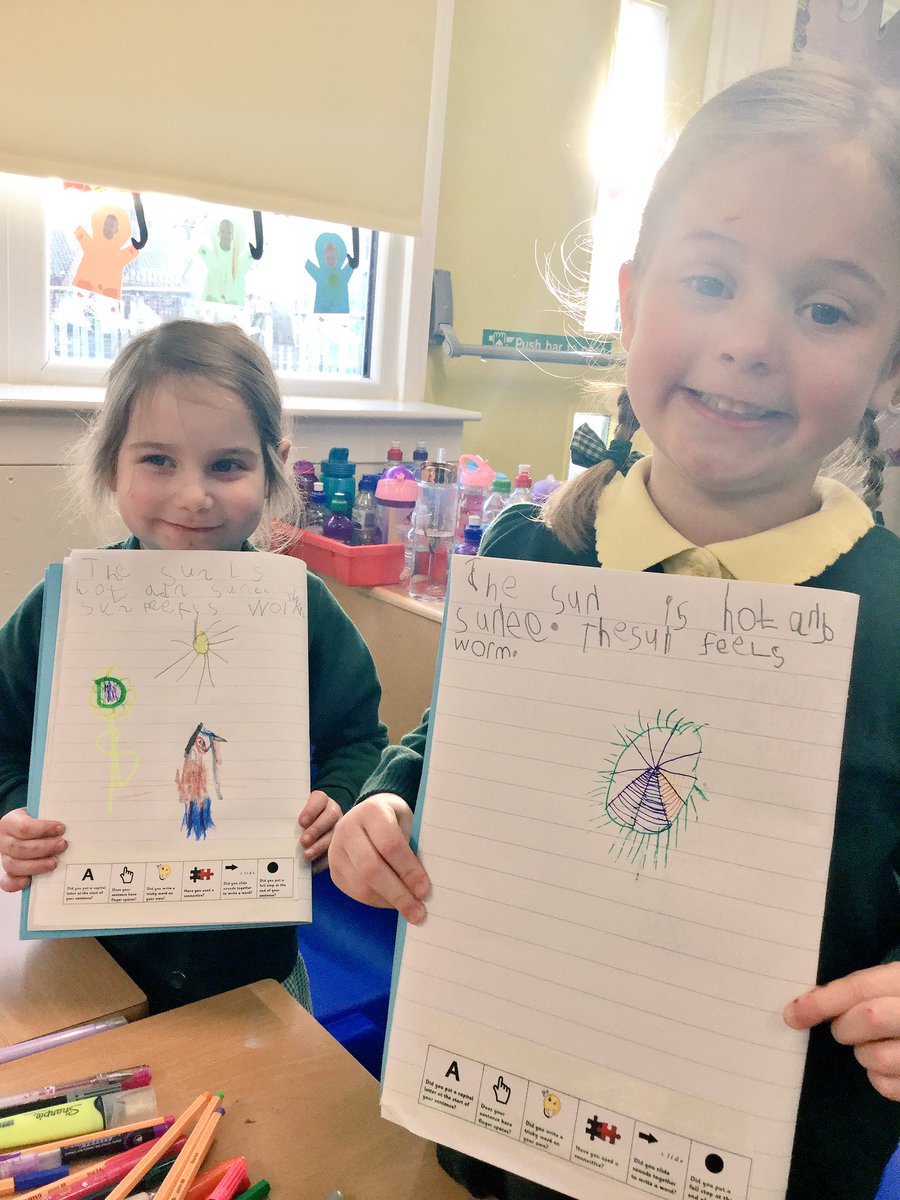 MissCalderKPS's tweet photo. We have some writing superstars in Primary 1 this morning 🌟 The butterflies group were doing some writing about the sun and have all achieved every single one of their writing targets!! Look how proud they are of their achievements 😃✏️🏅 @KnightsridgePr1 https://t.co/N0ETubXSXf