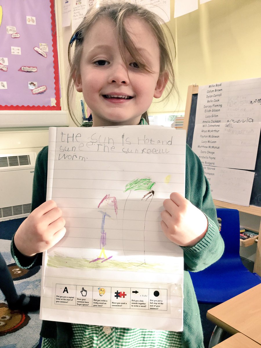 MissCalderKPS's tweet photo. We have some writing superstars in Primary 1 this morning 🌟 The butterflies group were doing some writing about the sun and have all achieved every single one of their writing targets!! Look how proud they are of their achievements 😃✏️🏅 @KnightsridgePr1 https://t.co/N0ETubXSXf