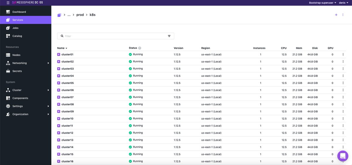 djannot's tweet photo. I'm preparing the next @mesosphere DC/OS training where we'll have around 50 people doing the labs.
So, I needed to test the scalability :-)
50 #kubernetes clusters running on 27 DC/OS nodes, with a single @portwx cluster providing storage for all the #kubernetes clusters. https://t.co/48jTauMiq3