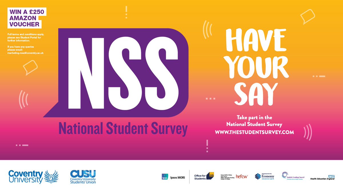 🗣️Calling all final year undergrad students!🗣️

The National Student Survey (NSS) 2019! 

You could be in with a chance of winning a £250 Amazon voucher if you complete your NSS online between 28 January until 30 April.

👉 Complete the survey at thestudentsurvey.com