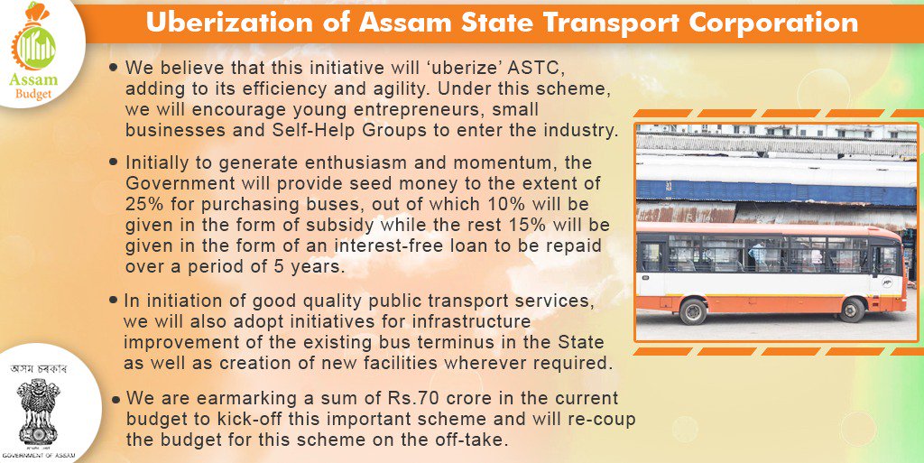 AssamFinDept's tweet image. We need to create mechanism to augment Assam State Transport Corporation efforts while ensuring minimized operational cost.

Thus #Uberization of #ASTC scheme will increase the availability of public transport &amp;amp; also encourage local entrepreneurs to enter this service industry.