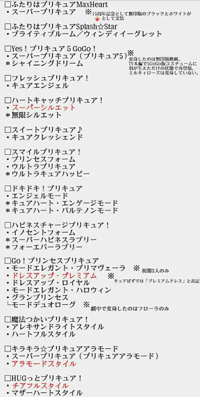 Shoot すりーぷもーど Op Twitter 自分用に作ったプリキュア強化形態とキュアぱず実装の有無の一覧表 赤字が実装済 は単独または合体強化形態 キュアレインボーと名称不明 初代劇場版1やまほプリasなど は省いています Precure キュアぱず Https T Co