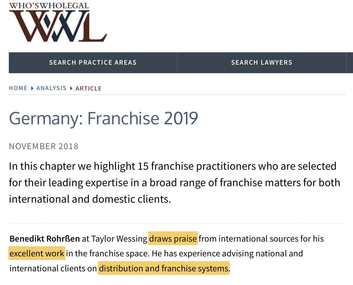 ben_rohrssen's tweet photo. Proud to be within GERMANY's TOP 15 FRANCHISE LAWYERS 2019 by @whoswholegal!: "@ben_rohrssen @TaylorWessingDE draws praise ... for his EXCELLENT WORK .... He has experience advising national &amp; international clients on DISTRIBUTION AND FRANCHISE SYSTEMS." https://t.co/Rrd2LTUD25 https://t.co/6T4MJDllw3