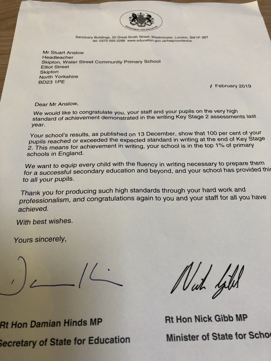 Today we’ve had a letter personally signed by Damian Hinds (Education Secretary) congratulating us on our KS2 writing results. It places Water Street in the top 1% of primary schools in England for writing.