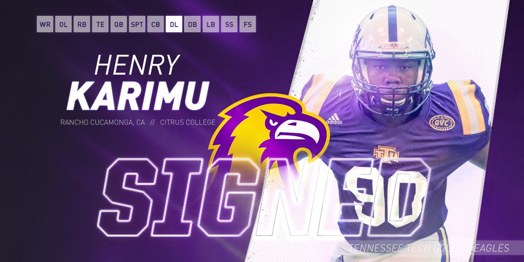 TNTechFootball's tweet photo. Signed π Elite pass rusher from Cali βοΈπ @HenryKarimu90 has officially joined #FL19HTsquad π¦
β¬οΈ https://t.co/eql48LDnFn
