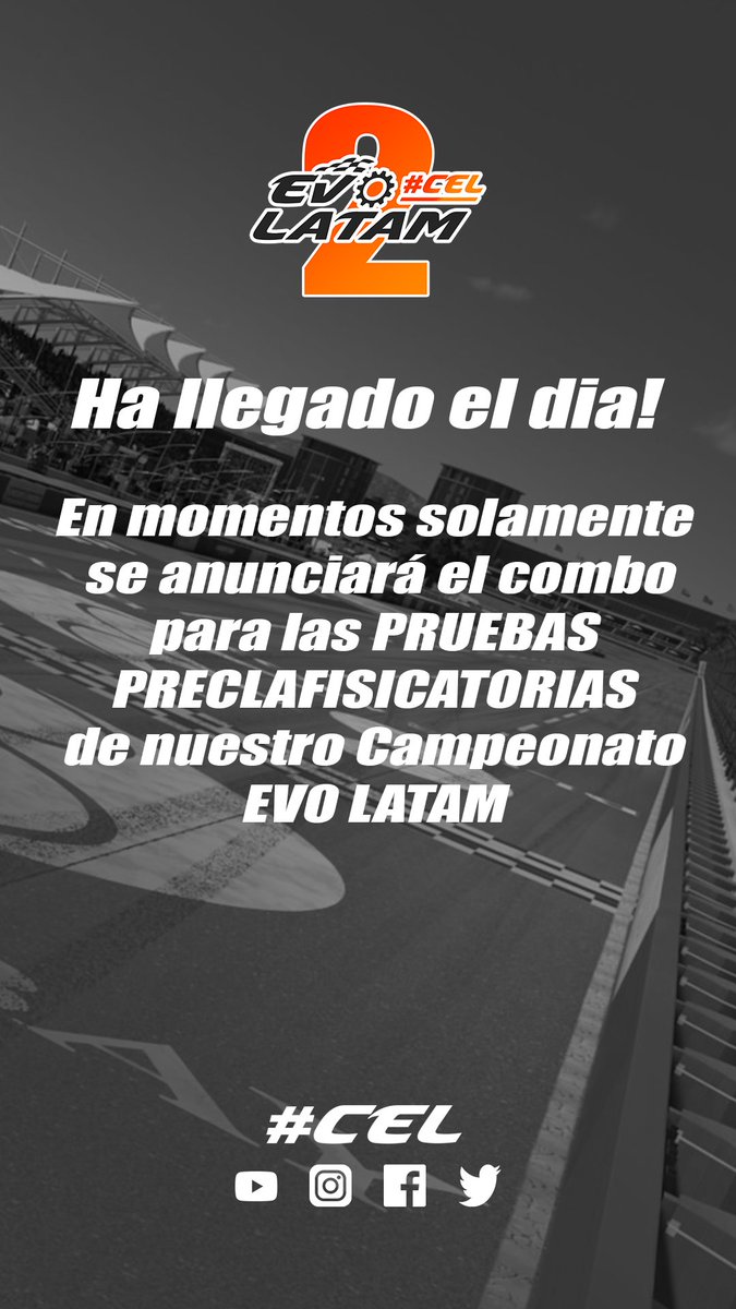 evo_latam_cel's tweet photo. Buenas tardes a todos! Hoy a las 15 horas de Argentina estaremos presentando el combo (auto, circuito y configuracion) para las Pruebas Clasificatorias del Campeonato. https://t.co/P2Dw8PCoL8