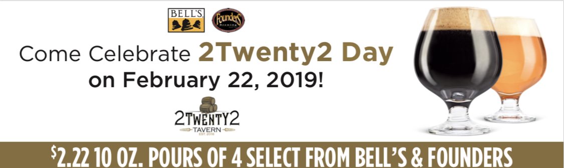 2twenty2_tavern's tweet photo. #2Twenty2 Day is coming! Make
Sure you celebrate with us.

@BellsBrewery @foundersbrewing https://t.co/YcEwp5dLcM