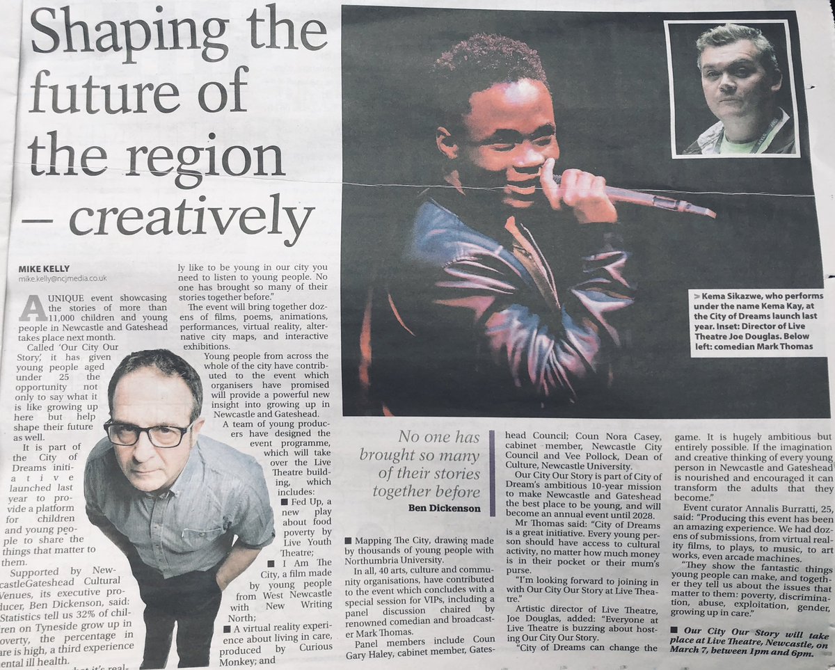 cityofdreamsNG's tweet photo. Look what we found in today’s Journal. @joedouglive @kemakay @markthomasinfo @benjitoon @NGCvenues @LiveTheatre https://t.co/Yf0KvHk6Mh