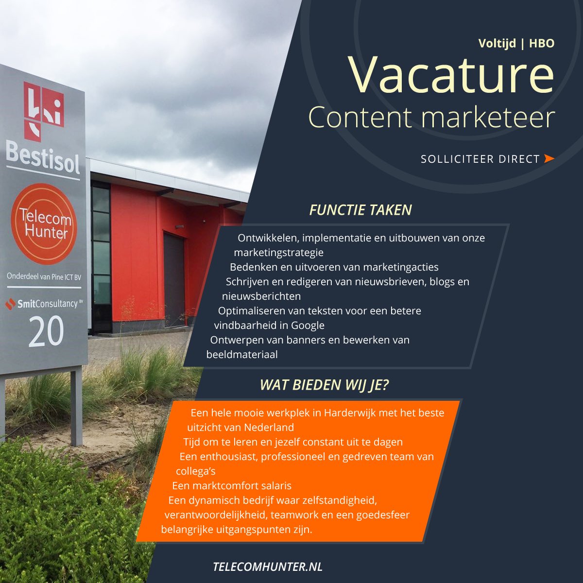 Telecom Hunter is op zoek naar een Content marketeer voor onze vestiging in Harderwijk.Neem contact met:
Thea van Beek
E: Hrm@pineict.nl
T: 088 – 7463 444

#contentmarketing #vacature #webmarketing #tekstschrijver
#contentmarketeer #marketeers