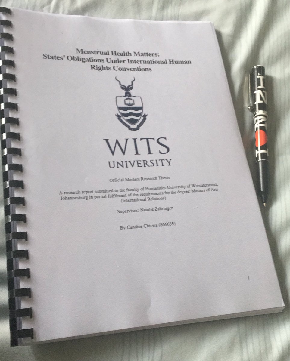 Candice_Chirwa's tweet photo. I haven’t submitted yet but I wanted to share my completed Masters Thesis. ✨ 

I’m happy to present my research on States Obligations to Menstruation. I conclude that Menstrual Health Matters &amp; deserves to be a human rights! 📝 🔥 https://t.co/6tOsGGS4Lw