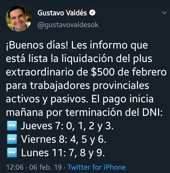 GringoRodrigue4's tweet photo. El Gobernador Gustavo Valdés dio a conocer la fecha del plus de febrero. https://t.co/y99Phzeg4w