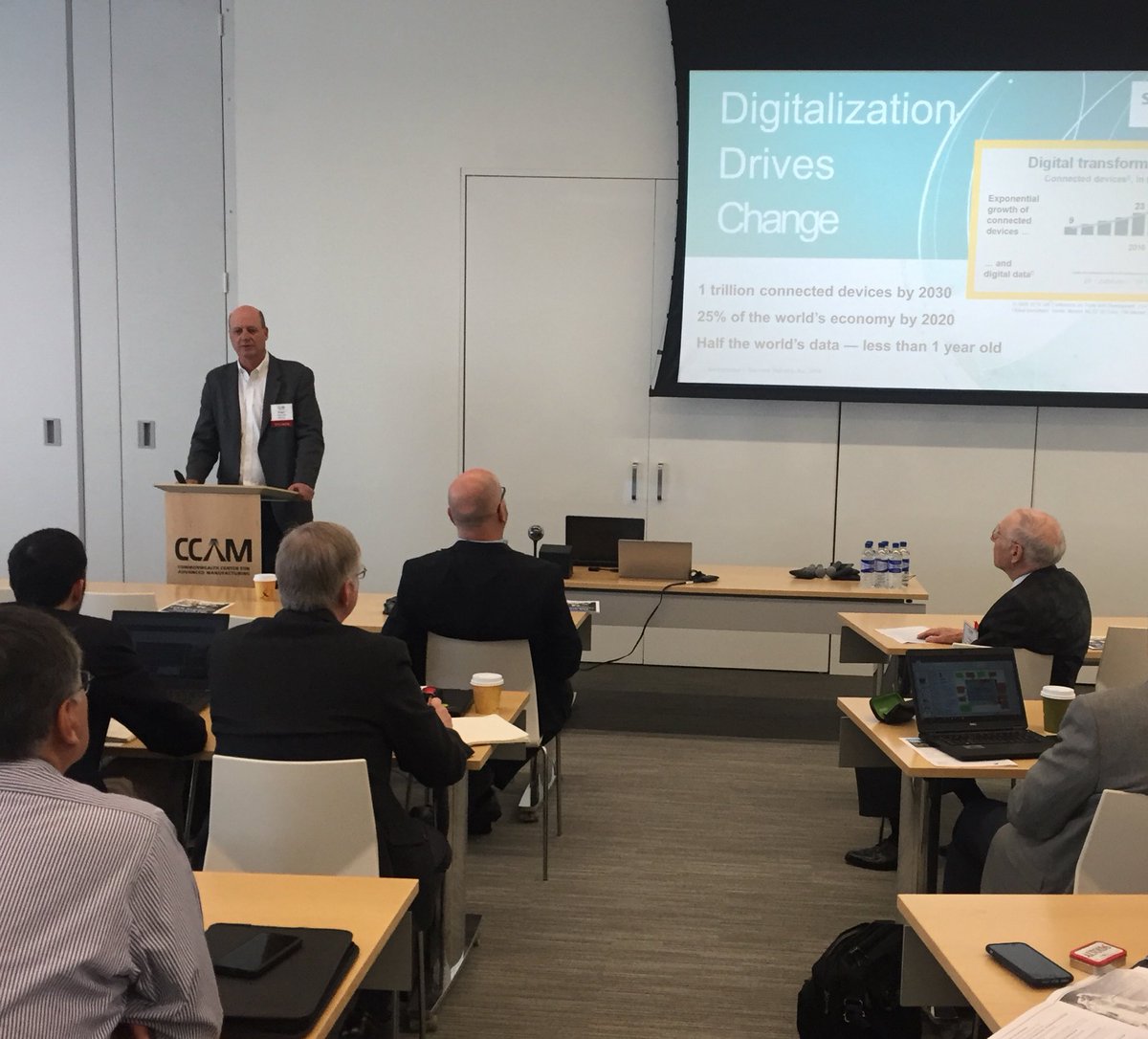 CCAMVA's tweet photo. Roger Hart from @SiemensUSA discusses how Edge Computing solves the bandwidth problems when running data analytics within a traditional industrial infrastructure at #CCAMAutomation Day https://t.co/i4mXA1jKLa