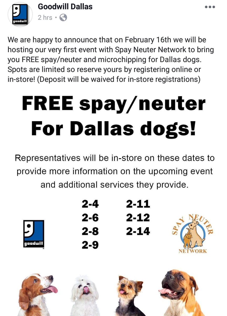 Funding4Fido's tweet photo. 📅 FEB 16-@GoodwillDallas &amp; the  @SpayNeuterNet are offering FREE spay/neuter &amp; microchipping for Dallas dogs. Reserve your spot by registering online or in store. https://t.co/xqxElXqwHG