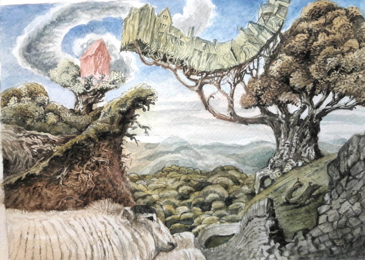 iangibsonart's tweet photo. Recent experiment. Watercolour quite small. #watercolour #Cotswolds #surrealism https://t.co/eEwhQDxxZ1