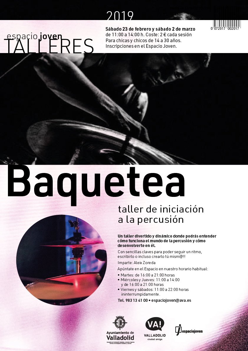 ejovensurVA's tweet photo. Abrimos inscripciones para #Baquetea, una dinámica propuesta para iniciarte en la  #percusión. Tendremos dos sesiones independientes. La 1ª el sábado 23 de febrero y la 2ª el sábado 2 de marzo. Ambas de 11 a 14. 2€ sesión. Apúntate a una o a ambas.
https://t.co/ApVwVwKGEt https://t.co/VcvMWgwX9N