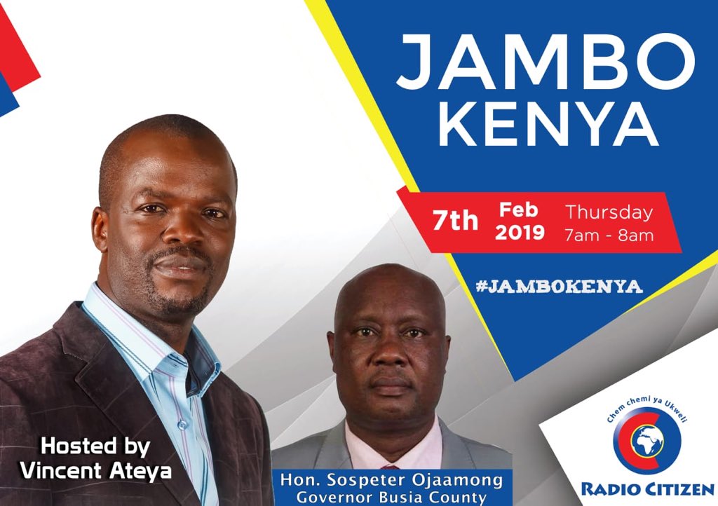 Kwenye show yako #JamboKenya kesho tunamkalisha Gavana Wa Busia Mheshimiwa <a href="/GovOjaamong/">Sospeter Ojaamong MGH</a> kuna mengi ya kusikia kutoka kwake usikose <a href="/vincentateya/">Vincent Ateya</a> <a href="/inspektamwala/">Inspekta Mwala (Davis Mwabili)</a>