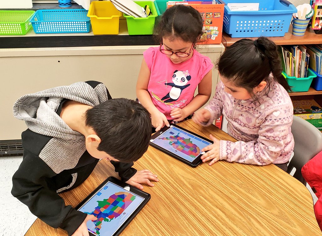 Dr_Mihalik's tweet photo. Ms. Ray's 1st grade students using iPads to identify Virginia &amp; record their oral responses to share through @Seesaw 🌍 Excellent PL approach for all students to access &amp; participate #LoudounPL #SugarlandPL @SugarlandES @gailbrady508 @EdElements @adaywithmsray https://t.co/ei7b0EH5dY