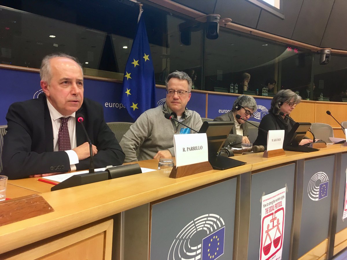TradeTune's tweet photo. Social dumping is a huge concern especially for European transport workers. Commission has not done enough to curb the problem. Roberto Parillo, president of @ETF_Road and Paloma Lopez Bermejo, ⁦mep of @GUENGL⁩ discussing on the “Road package”. #tune2019 https://t.co/P9lNrWh4UD