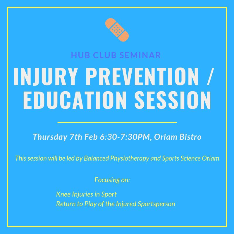 We KNEED you! 

Balanced Physiotherapy are hosting an educational injury prevention seminar this Thursday, 18:30-19:30 @ oriam bistro! 💪 

Details in pic below
