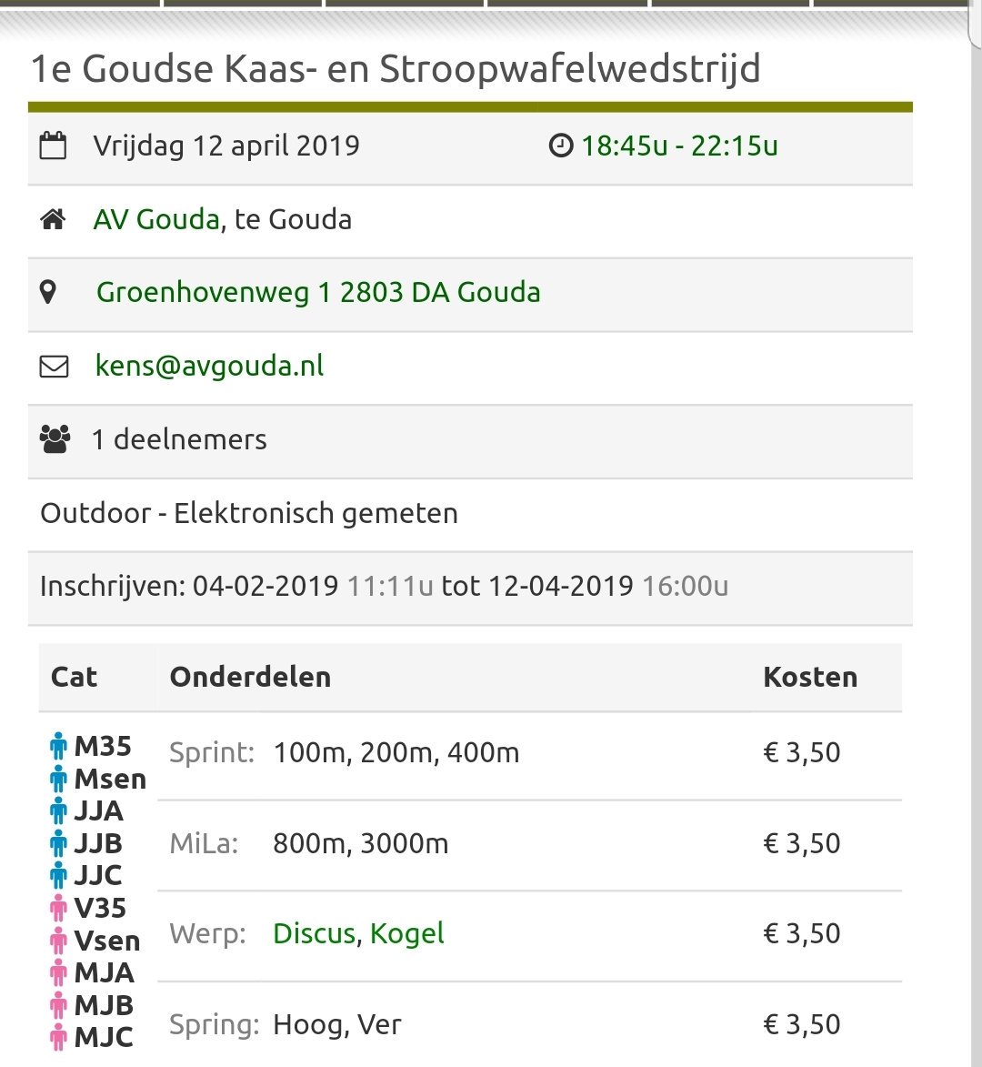 Weet jij al wat je doet op 12 april? Kom naar onze gezellige wedstrijd! <a href="/AVGouda/">AV Gouda</a> 😎 Inschrijven is inmiddels mogelijk via atletiek.nu/wedstrijd/main…