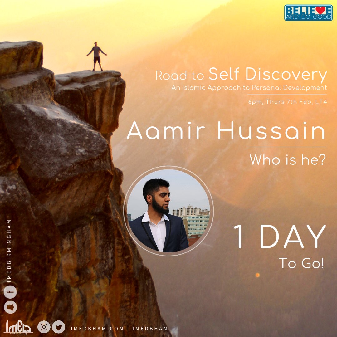 imedbham's tweet photo. 1 DAY TO GO! - Road to Self Discovery: an Islamic Approach to Personal Development!🚶🏽‍♂️💫 BADG SPECIAL!

“My biggest weakness became my greatest strength. Public speaking became my biggest attribute”📣

6pm, Thurs 7th Feb (TOMORROW!🎉), LT4
See you there iA!😄🙌🏽
#BADG19 #IMEDBADG19 https://t.co/CbIMKejjZN