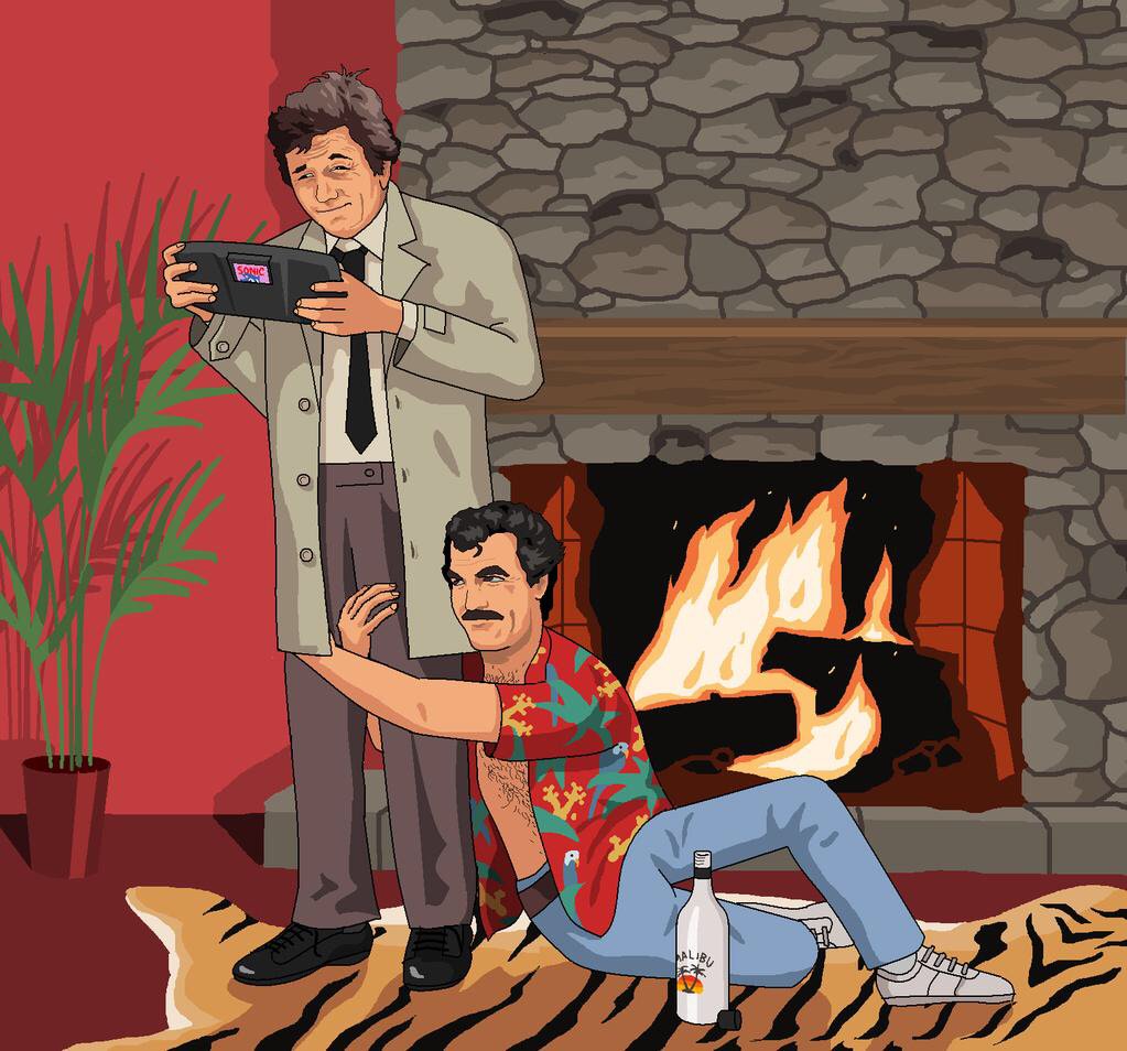 That time <a href="/Jimllpaintit/">jim'llpaintit</a> whipped up a Game Gear playing #Columbo being cuddled by a drunk Magnum PI... cc <a href="/bonniegrrl/">Bonnie Burton✍️📚🎲</a>