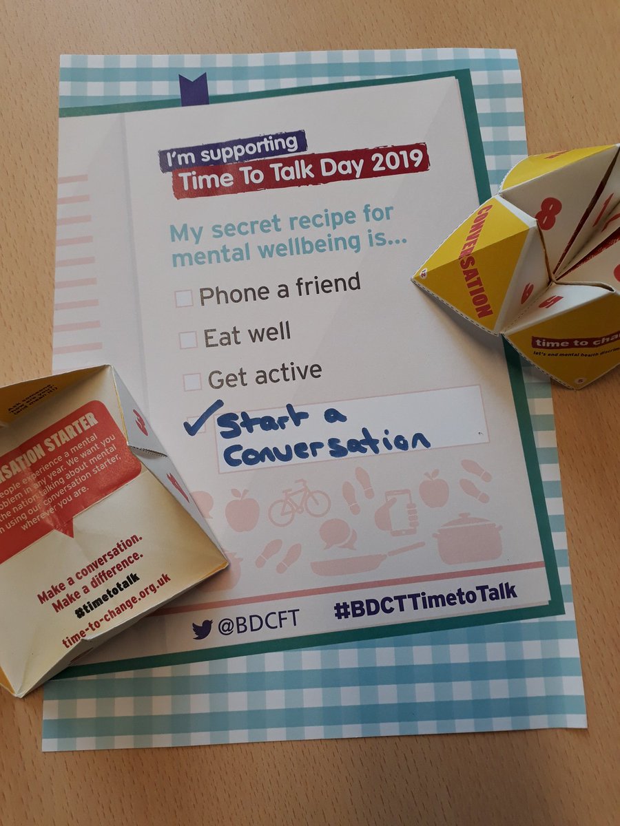 All ready for #TimeToTalkDay on 7th Feb 2019.  A chance for all of us to be more open about mental health – to talk, to listen, to change lives. Let’s get the conversation started. <a href="/TimetoChange/">Time to Change</a> <a href="/BDCFT/">BDCFT NHS</a> #BDCFTTimetoTalk