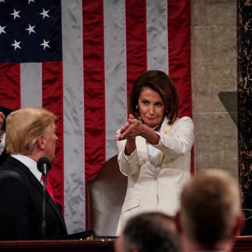 QuinnMRoss's tweet photo. Right or wrong (and I think it’s all kinds of right) the fact that the speaker felt comfortable to do this at the SOTU and the fact that it wasn’t political suicide (anything but) speaks to the state of the current American presidency. #ClapBack #DogWalk #SOTUSTFU https://t.co/6ycNzXK1tc