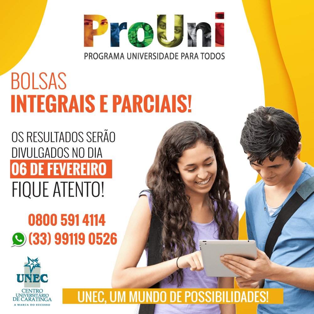 caratingaunec's tweet photo. O Ministério da Educação (MEC) vai divulgar hoje (06/02) o resultado da primeira chamada do Programa Universidade para Todos (Prouni) 2019. O resultado será divulgado na página do Prouni: https://t.co/lmUufsSLtC. #sejaunec #unecnasredes #somosunec https://t.co/nxovhbtFWd