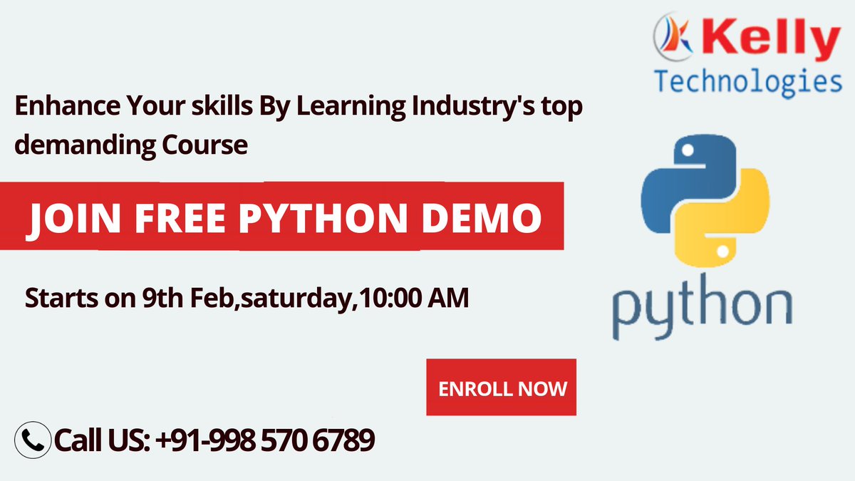 KellyTechno_adm's tweet photo. Free Demo On #Python Training Exclusively By Experts At #KellyTechnologies Training On 9th Feb, At 10 AM, #Hyderabad
For FREE Registration: https://t.co/ru4YVW0B0l
For More Details :https://t.co/3PbOTBkeug
#pythontraining #pythonprogramming #pythondemo #pythontraininginhyderabad https://t.co/4aLOritWbw