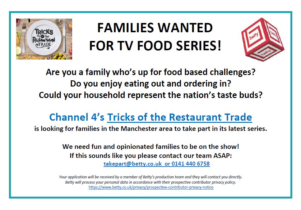 TricksOTRT's tweet photo. @CapitalManc Please RT? Families of #Manchester! Do you like to eat out and order in? Would you and your kids be up for reviewing some #food on a Ch4 series? GET IN TOUCH TODAY!! takepart@betty.co.uk https://t.co/mskP8VlFPU