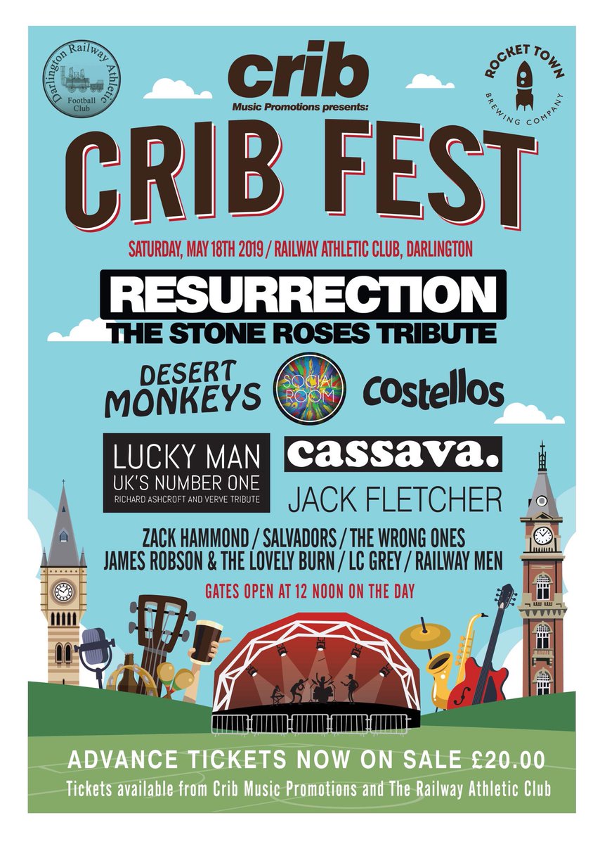 Here is the final line up for #cribfest tickets available now!!! <a href="/Resurrection__1/">resurrection</a> <a href="/desertmonkeys2/">the desert monkeys</a> <a href="/SocialRoomband/">Social Room</a> @CostellosBand <a href="/cassavabandlive/">CASSAVA</a> <a href="/JackGugi/">Jack Gugi</a> <a href="/TheNorthernEcho/">The Northern Echo</a> <a href="/gigsnortheast/">Gigs North East</a> <a href="/nevolume/">NE Volume</a> <a href="/narc_magazine/">narc_magazine</a> @WhatsOnDarlo <a href="/DarloMusic/">#DarloMusic</a> @DarloRAFC