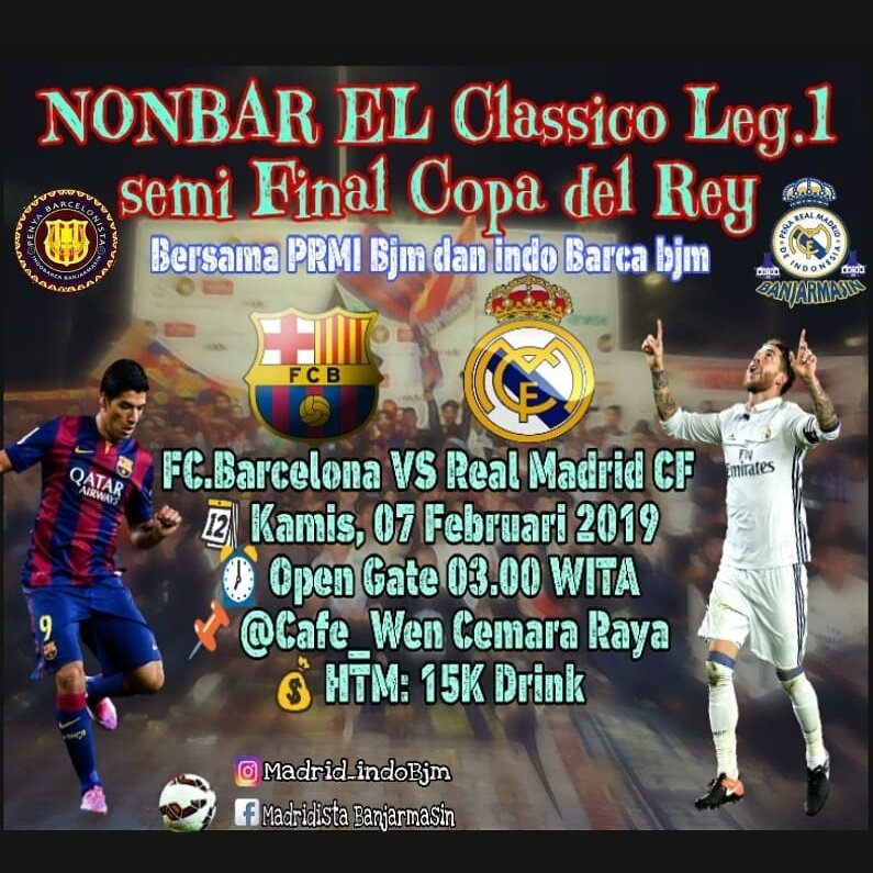 [Banjarmasin] 🏃📺🙋 #NomadPRMI 
Nomad CdR (El Clásico) <a href="/Madrid_IndoBJM/">Peña RM de Indo BJM</a>
Feat. IndoBarca Banjarmasin

📅 Kamis dini hari, 7 Februari 2019
⏰ Open gate: 03:00 WITA
📍 Cafe Wen Cemara Raya

#ElClásico #HalaMadrid #VamosPRMI