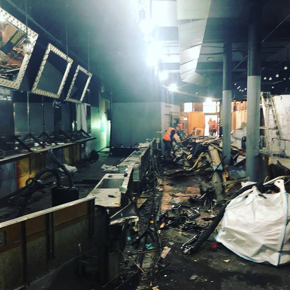 Mr_Dave_Haslam's tweet photo. Interior of Dry Bar on Oldham Street being stripped out this morning (photo @aaronmellor). Opened by Factory Records and New Order in 1989 #GoneForever The building's new owners plan to turn the site into a boutique hotel. https://t.co/LMkGyP9Vdu