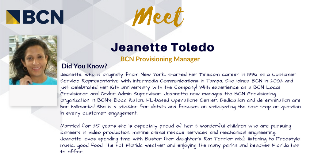 BCNTelecom1's tweet photo. Meet BCN Sales Support Manager, Jeanette Toledo! #BCNteam #support https://t.co/FdXHCDxPqq