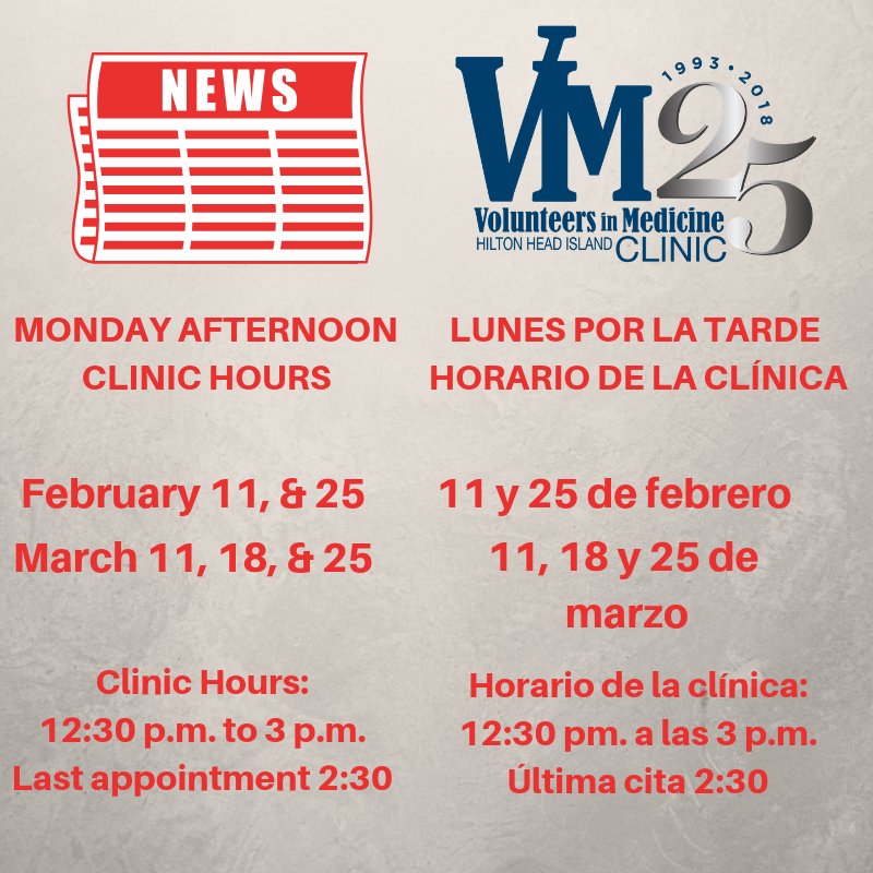 vimhhi's tweet photo. During the winter months the clinic is full beyond capacity most days. To help relieve the crowding, we have added several clinic sessions on Mondays. Specifics in the graphic below. #VIM25 #freeclinic #hiltonhead #giveback #mondayclinic #monday #hours https://t.co/PsFDBedRzu