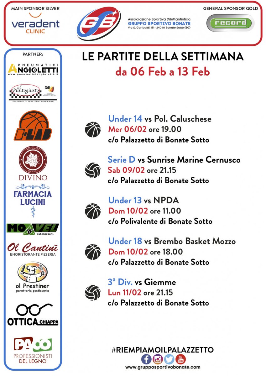 gsb_bonatesotto's tweet photo. Ecco le partite casalinghe di questa settimana!

Forza GSB🔴🔵

#GSB #GruppoSportivoBonate #GSBproud #GSBfamily #rossoblu #bonatesotto #GSBbasket #GSBvolley https://t.co/XgmMgaOz7x