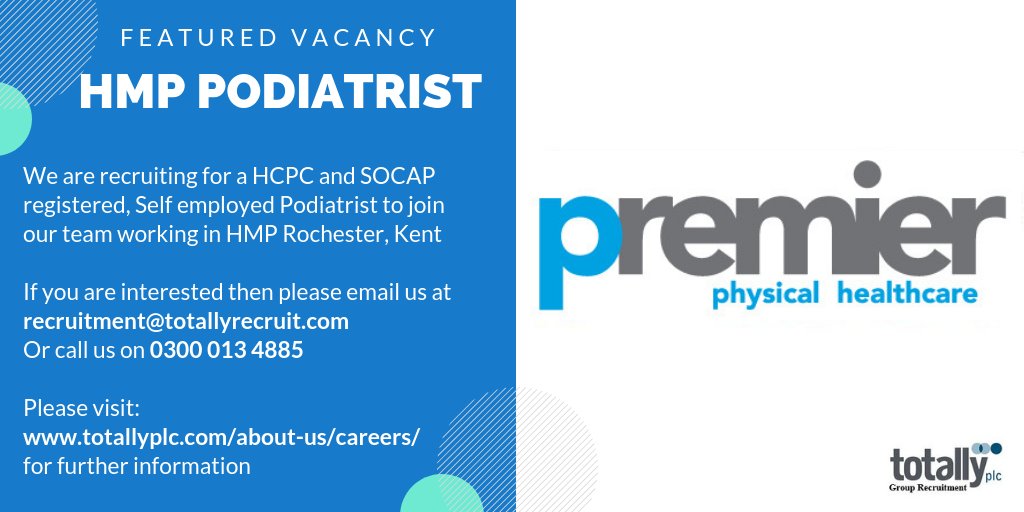 Our sister company - Premier Physical Healthcare - are currently offering an excellent hourly rate and flexible working patterns for Podiatrists in Kent...