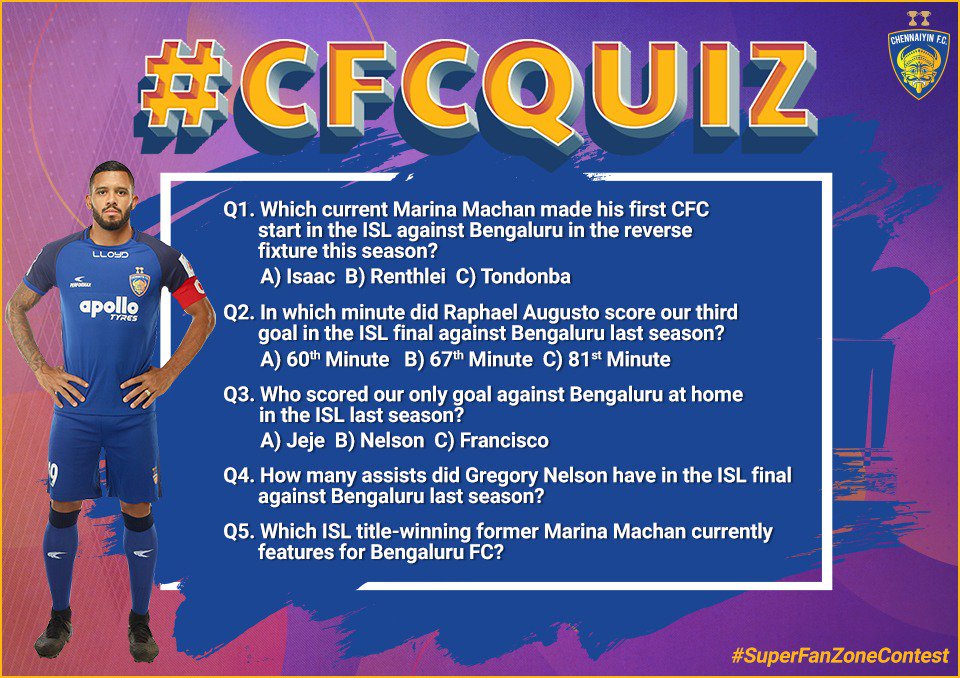 ChennaiyinFC's tweet photo. Stand a chance to win #SuperFanZone tickets for #CHEBEN! π
All you have to do is answer these simple questions.
Read the T&Cs before competing π https://t.co/e7EmbysRuA
#PoduMachiGoalu https://t.co/YQQUFro0PP